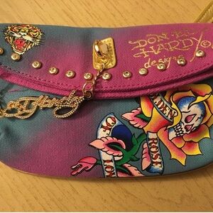 Ed Hardy Purple Teal Ombre Tattoo-Print Canvas Clutch with Gold Accents